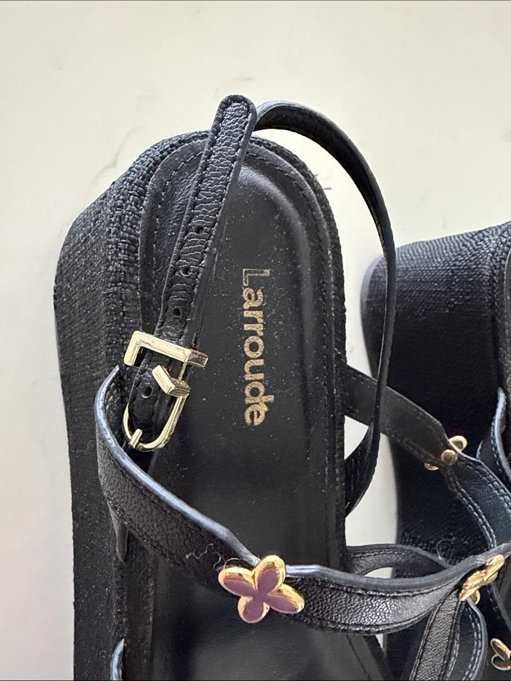 Larroude Black Harmony Sandals with Gold Flower Accents